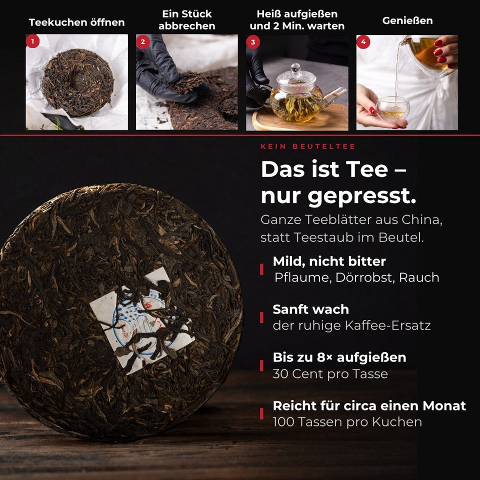 Sheng Pu-erh Tea "Ban Zhang Da Shu", 2008, from Yunnan – Infografik: Das ist Tee, nur gepresst (DE)