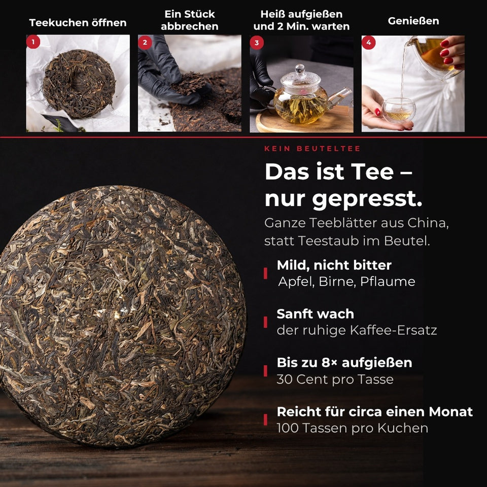 Sheng Pu-erh Tea "Fei Ping", 2020, from Yunnan – Infografik: Das ist Tee, nur gepresst (DE)