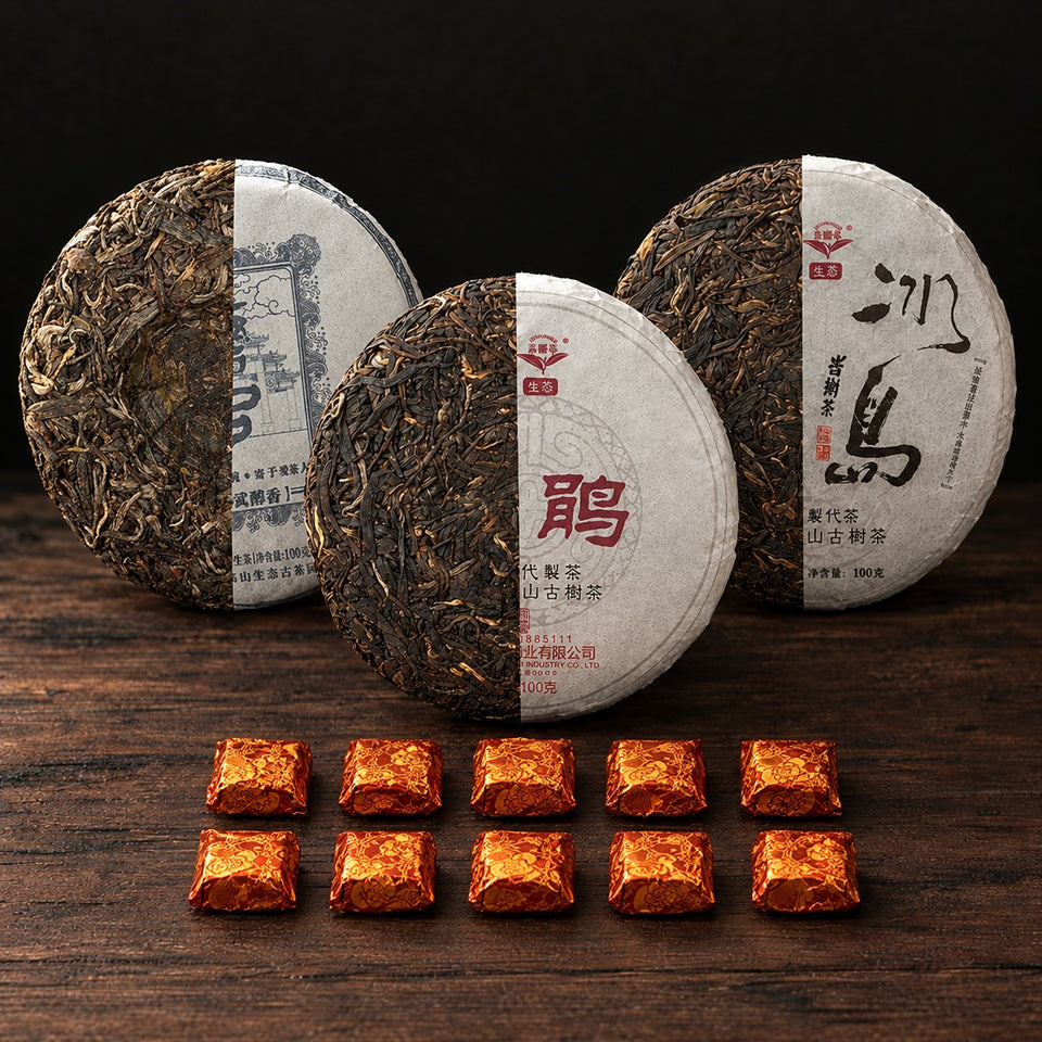 Your Pu-Erh Ritual: three 100 g Sheng tea cakes (Yi Wu Wan Gong, Le Qing Xiang Bingdao, Purple Beauty), each shown half unwrapped, with 10 orange-wrapped Shazhi extract portions